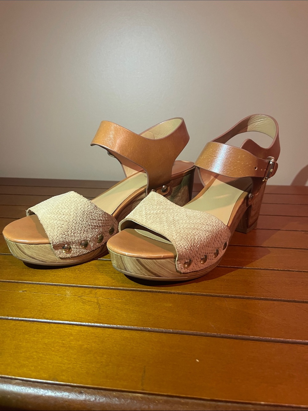 Nine West Tan Leather and Cream Woven Platform Sandals